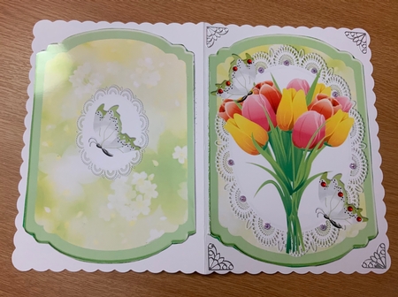 Pretty spring coloured tulips on lace with butterflies bracket card by Jennie Settle
