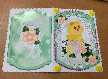 Pretty spring chick on easter egg, lace and flowers bracket card by Jennie Settle