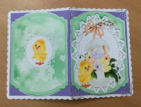 Pretty spring chick with easter egg, flowers on lace bracket card by Jennie Settle