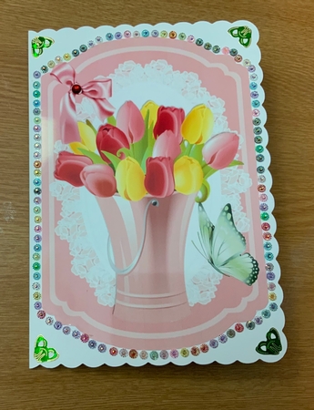 Ornate coloured tulips on lace with bow bracket card by Jennie Settle