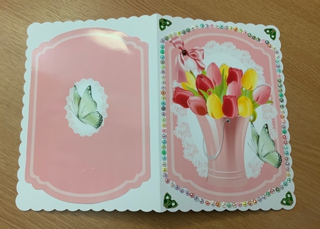 Ornate coloured tulips on lace with bow bracket card by Jennie Settle