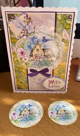 A5 Card Front Woodland Cottage with Toppers and Sentiments Green/Lilac by Jennie Settle