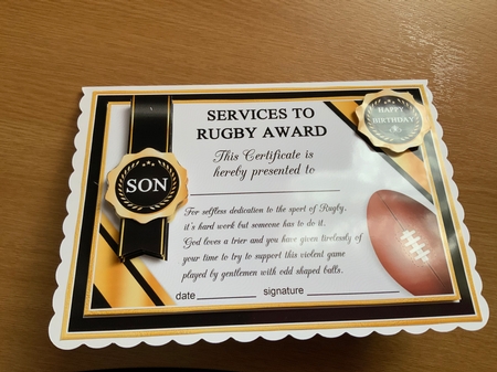RUGBY Humorous A5 Certificate & Ages Card Kit by Jennie Settle