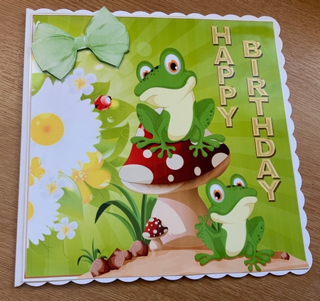 Cute frogs with mushroom with sunflowers and bow 8x8 by Jennie Settle