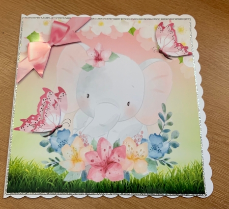 Pretty watercolour elephant with butterflies in floral frame 8x8 by Jennie Settle