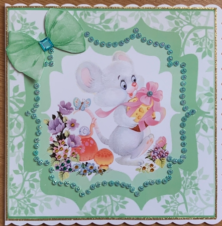 Cute little mouse with flowers and gift 8x8 green by Jennie Settle