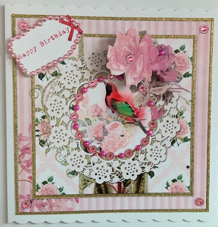 8 x 8 Decoupage Card Mini Kit Shabby Chic Roses Bird & Lace 5 Sheets Pink by Jennie Settle