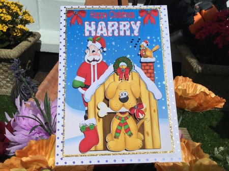 Happy Christmas Harry Decoupage Card Front by Jennie Settle
