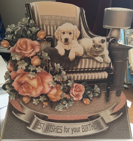 Shaped Triangular Base Puppy & Cat on a Striped Armchair Kit by Jennie Settle