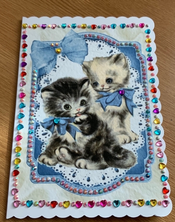 Vintage Kittens with Blue Bow on Lace A4 by Jennie Settle