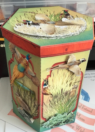 HANDSOME TALL HEXAGONAL DECOUPAGE BOX - PHEASANTS MEN MALE by Jennie Settle