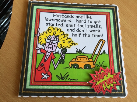 Cartoon lady, stella with garden mower 8x8 (red) by Jennie Settle