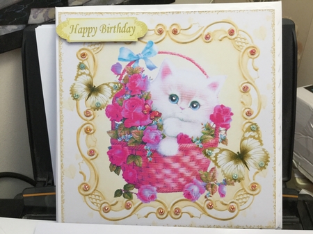 cute kitty in a basket of cerise flowers with butterflies 8x8 by Jennie Settle