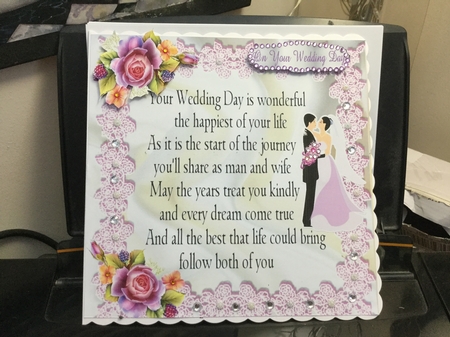 Happy Wedding Couple Card front with roses & verse 8x8 by Jennie Settle