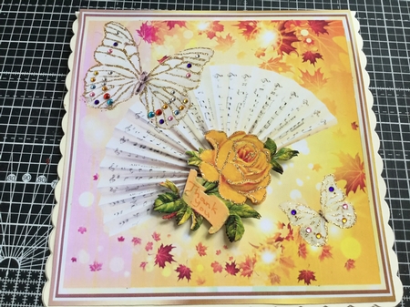 Pretty Yellow vintage rose & scroll on a fan with script & butterflies 8x8 by Jennie Settle