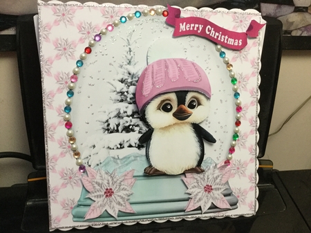 Cute little penguin in a hat in a snow globe with tree (pink) 8x8 Mini Kit by Jennie Settle