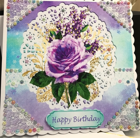 Pretty rainbow purple with oval lace and border with purple roses 8x8 by Jennie Settle