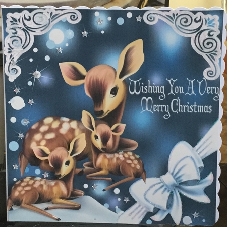  Deer with Baby fawns, pretty corner white bow 8x8 by Jennie Settle