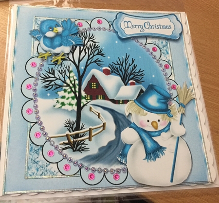Lovely blue snow scene with little blue bird & snowman 8x8 by Jennie Settle