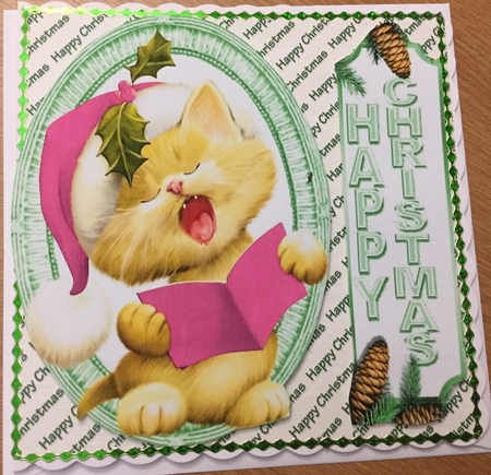 Christmas kitty singing carols in pink santa hat 8x8 by Jennie Settle