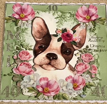 Lovely Painted French bulldog puppy with pink flowers 8x8 by Jennie Settle