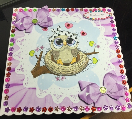 Cute owl  sitting in a nest in frill frame with purple bows 7x7 by Jennie Settle