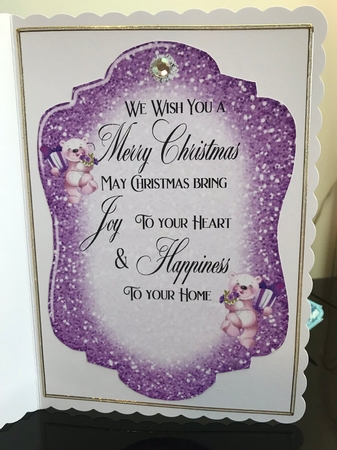 Lovely Teddy with presents and purple bow Card front & insert A5 by Jennie Settle