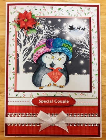 Penguin couple christmas card front & decoupage by Jennifer Burns