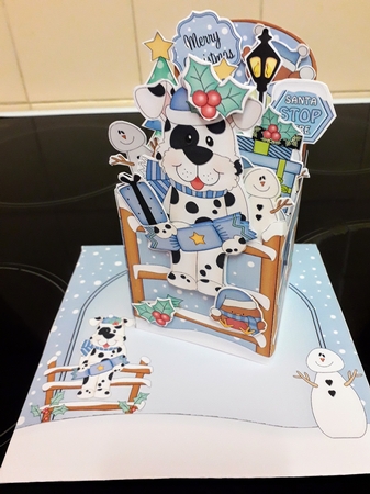 3D Christmas Rubber Band Pop Up Box Card - Spotty Dog has a Christmas Cracker by Jennifer Burns