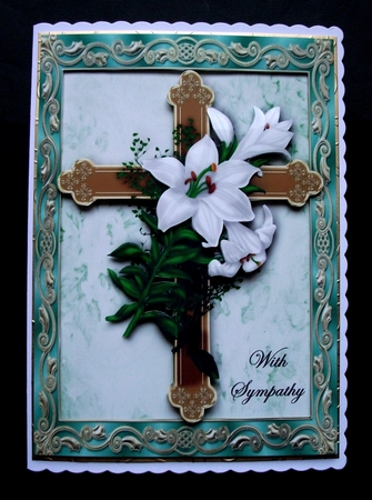 Gold Cross with White Lillies in Green Ornate Frame A4 by Jennifer (Jaye) Smith-Kirk
