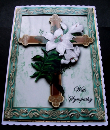 Gold Cross with White Lillies in Green Ornate Frame A4 by Jennifer (Jaye) Smith-Kirk