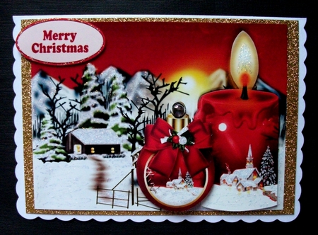 Lovely Snow Scene with Cottage, Red Candle and Bauble by Jennifer (Jaye) Smith-Kirk