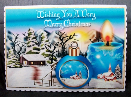 Lovely Snow Scene with Cottage, Turq Candle and Bauble A4 by Jennifer (Jaye) Smith-Kirk