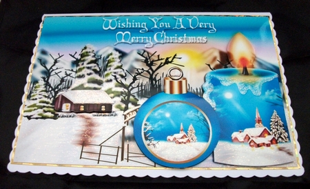 Lovely Snow Scene with Cottage, Turq Candle and Bauble A4 by Jennifer (Jaye) Smith-Kirk