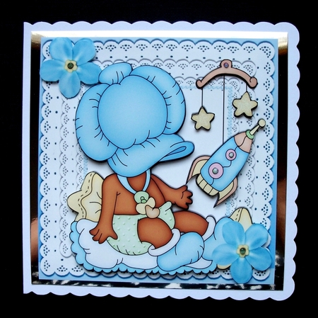 Baby Blue Bonnet Ethnic Boy in Lace Frame & Stars 8x8 by Jennifer (Jaye) Smith-Kirk