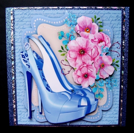 Beautiful Shoes and roses on a Blue script mat 3,  by Jennifer (Jaye) Smith-Kirk