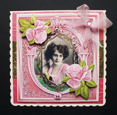 vintage lady in shawl with pink roses in ornate frame 8x8 by Jennifer (Jaye) Smith-Kirk