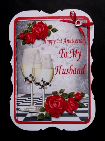 Happy 1st Anniversary to my Husband, with roses & champagne A4 by Jennifer (Jaye) Smith-Kirk