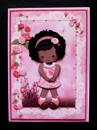 Cute Little Pink Flowers Ethnic Lady A5 Card Front and Decoupage by Jennifer (Jaye) Smith-Kirk
