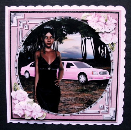 Ethnic Lady in an Elegant Black Dress, Pink Limousine and Roses 2 by Jennifer (Jaye) Smith-Kirk