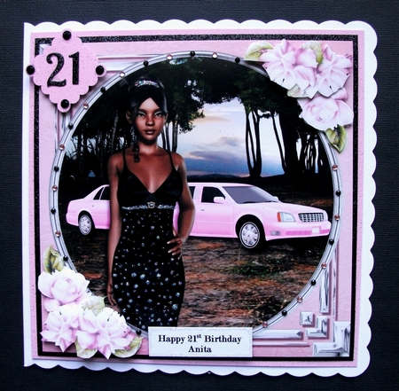 Ethnic Lady in an Elegant Black Dress, Pink Limousine and Roses 2 by Jennifer (Jaye) Smith-Kirk