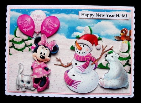 Lovely minnie mouse & friends with happy new year balloons A4 by Jennifer (Jaye) Smith-Kirk