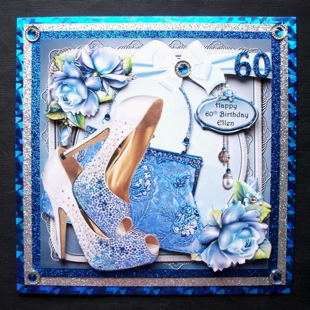 Blue Rose card front with, Shoes, Handbag, decoupage and sentiments by Jennifer (Jaye) Smith-Kirk