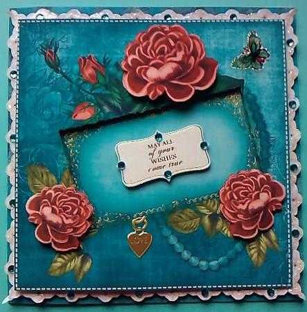 Deep Pink Teal Roses Ornate 8in Card Frame Kit by Jennifer (Jaye) Smith-Kirk