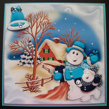Cute Snowmen Skating in Cottage Snow Scene 8x8 by Jennifer (Jaye) Smith-Kirk