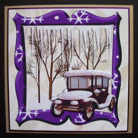 Lovely Snow Scene in Purple Frame with Vintage Car 8x8 by Jennifer (Jaye) Smith-Kirk