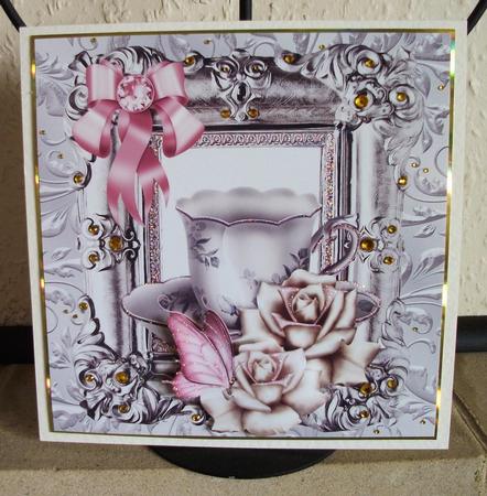 Teacup with Roses and Butterfly in Ornate Frame 8x8 by Jennifer (Jaye) Smith-Kirk