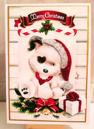Cute white puppy in santa hat on a scroll A5 by Jennifer Selbie