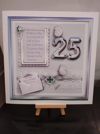 pretty silver with lace border and pearls bow 8x8 card front by Jennifer Selbie