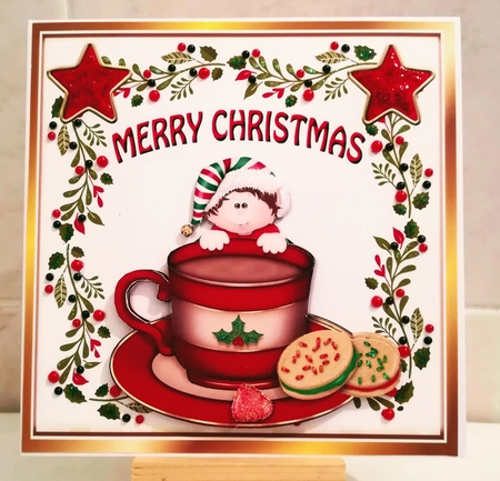 Santas little elf with red stars & cookies in a teacup 8x8 by Jennifer Selbie
